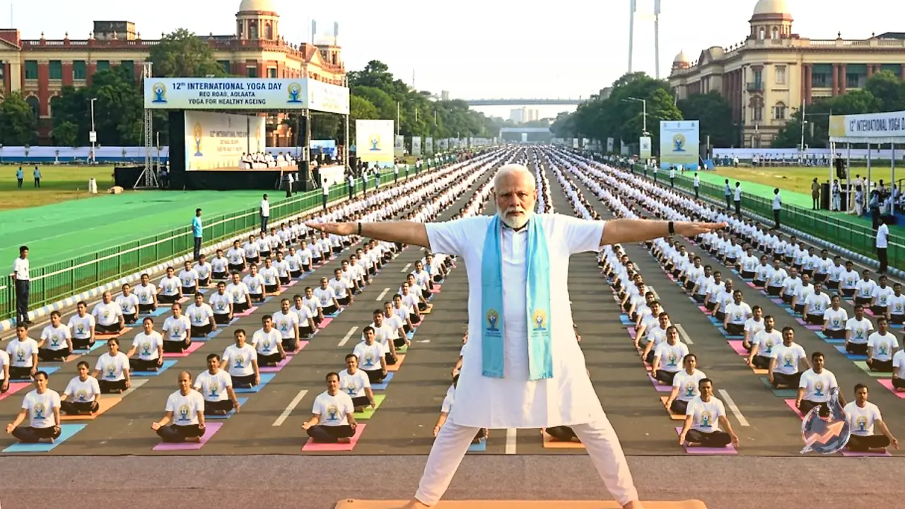 12th International Yoga Day: PM Modi Leads Grand Celebrations on Kolkata's Red Road, Promotes 'Yoga for Healthy Ageing'