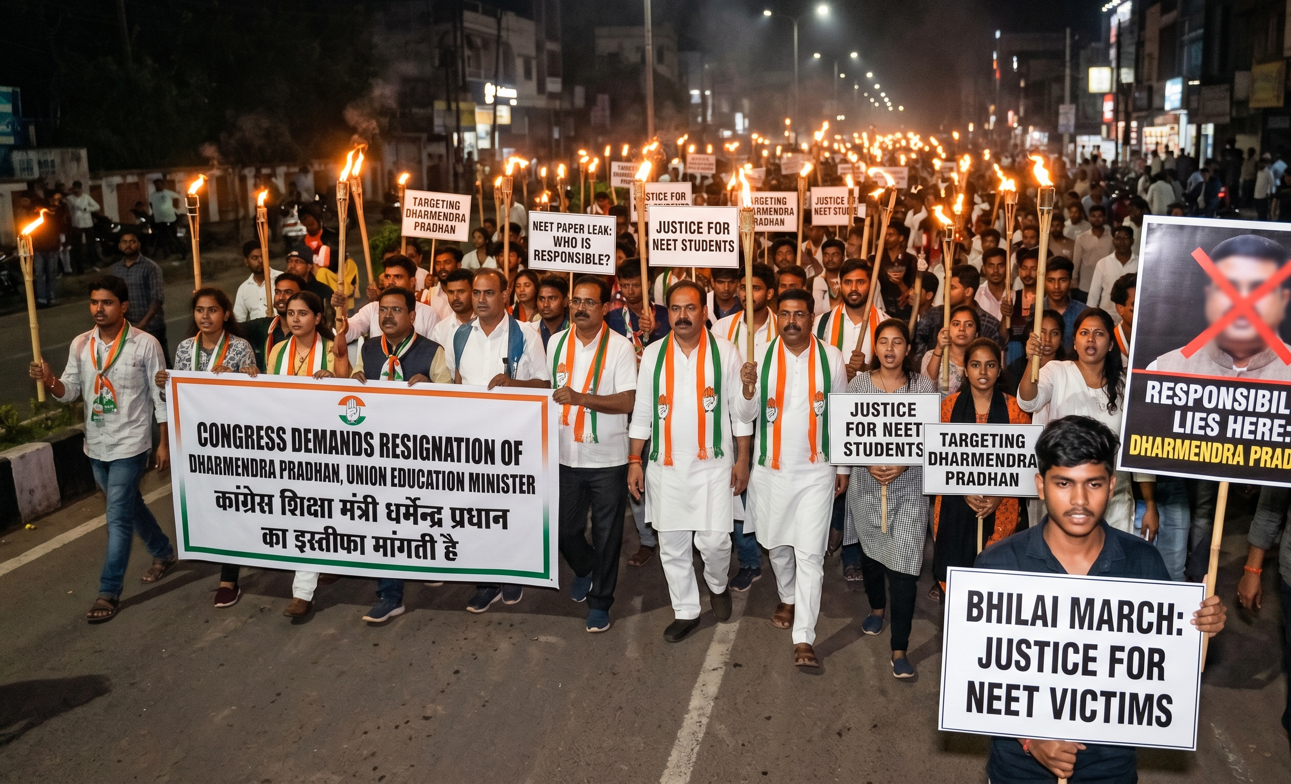 Congress का धर्मेंद्र प्रधान पर हमला: भिलाई में मशाल जुलूस, NEET पेपर लीक पर इस्तीफे की मांग