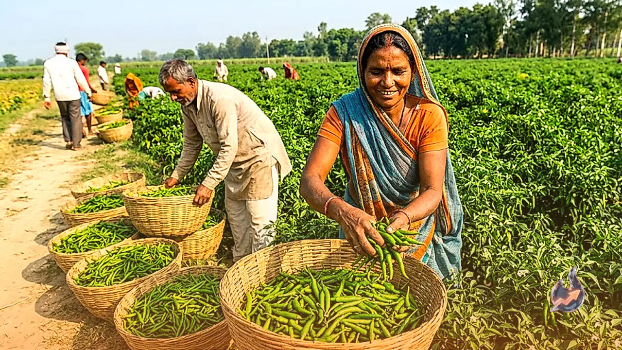 आगरा के बिचपुरी में हरी मिर्च की बंपर पैदावार, 60 दिनों की फसल से किसानों को मिल रहा लगातार मुनाफा