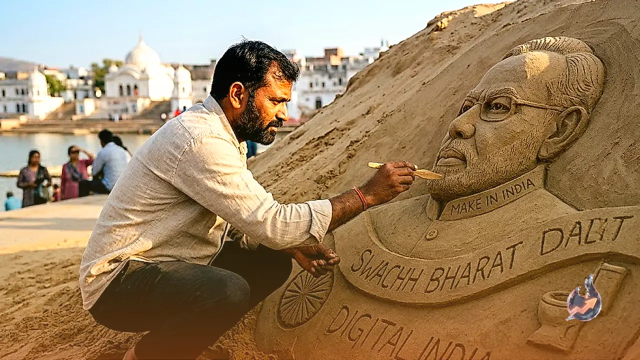 अजमेर के पुष्कर में सैंड आर्टिस्ट अजय रावत ने रेत पर उकेरी प्रधानमंत्री नरेंद्र मोदी की तस्वीर