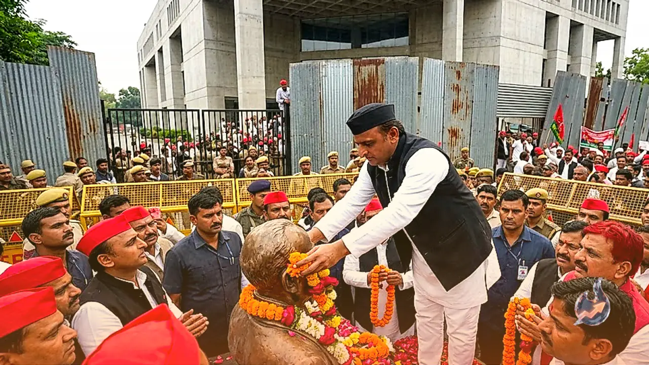 लखनऊ में जयप्रकाश नारायण जयंती पर जेपीएनआईसी पहुंचे अखिलेश यादव, प्रतिमा पर माल्यार्पण कर साधा निशाना