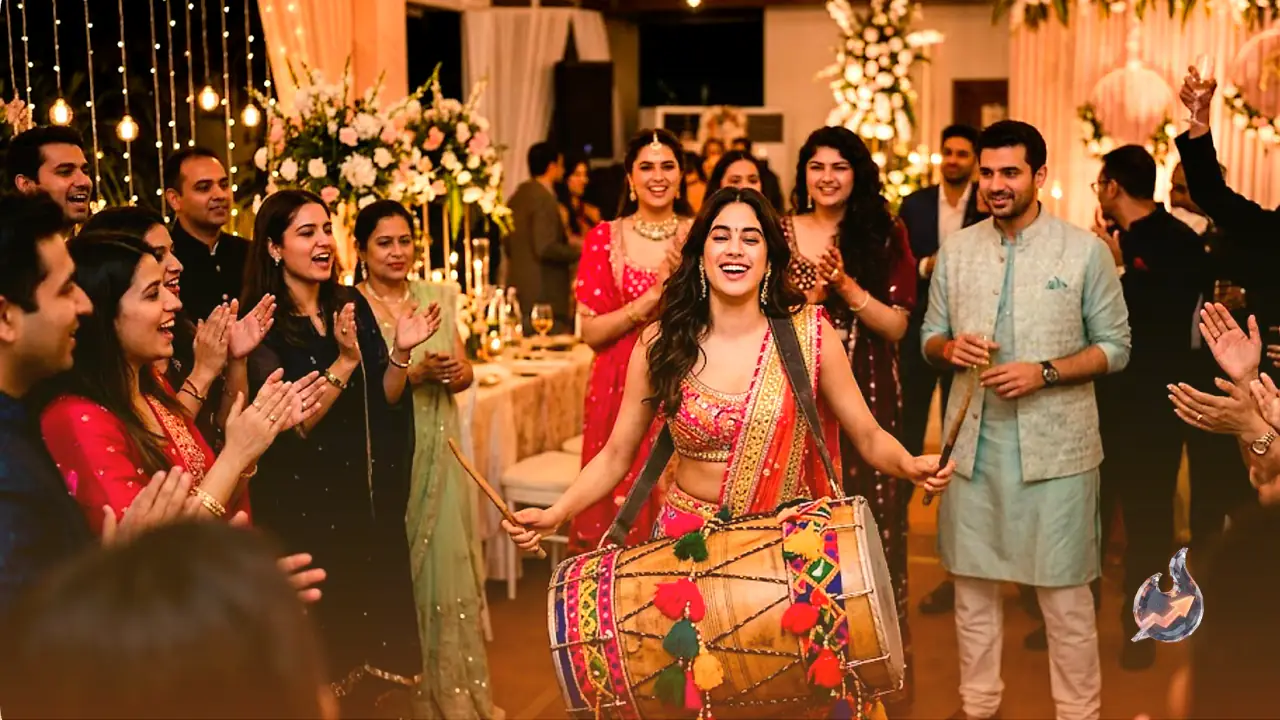 Janhvi Kapoor Steals the Show at Anshula Kapoor’s Wedding Party with Dhol Performance