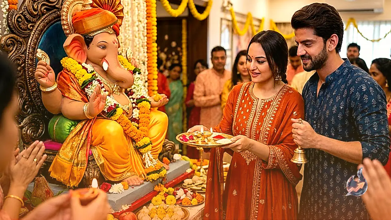 Sonakshi Sinha and Zaheer Iqbal Join Ganpati Celebrations at Arpita Khan's Home, Perform Aarti Before Visarjan