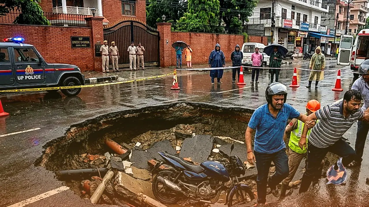 बारिश के बीच लखनऊ यूनिवर्सिटी के पास धंसी सड़क, पूर्व डिप्टी CM दिनेश शर्मा के घर के सामने गड्ढे में गिरे दो बाइक सवार