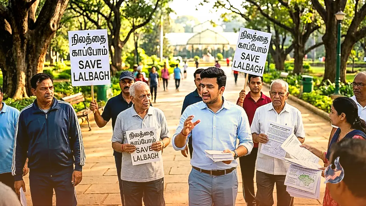 Bengaluru MP Tejasvi Surya Rallies Morning Walkers at Lalbagh Against Five-Acre Land Handover for Tunnel Road