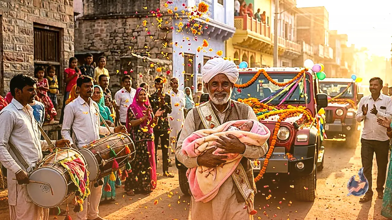 Rajasthan Grandfather Welcomes Newborn Granddaughter With Two Decorated Thars and a Drum Procession