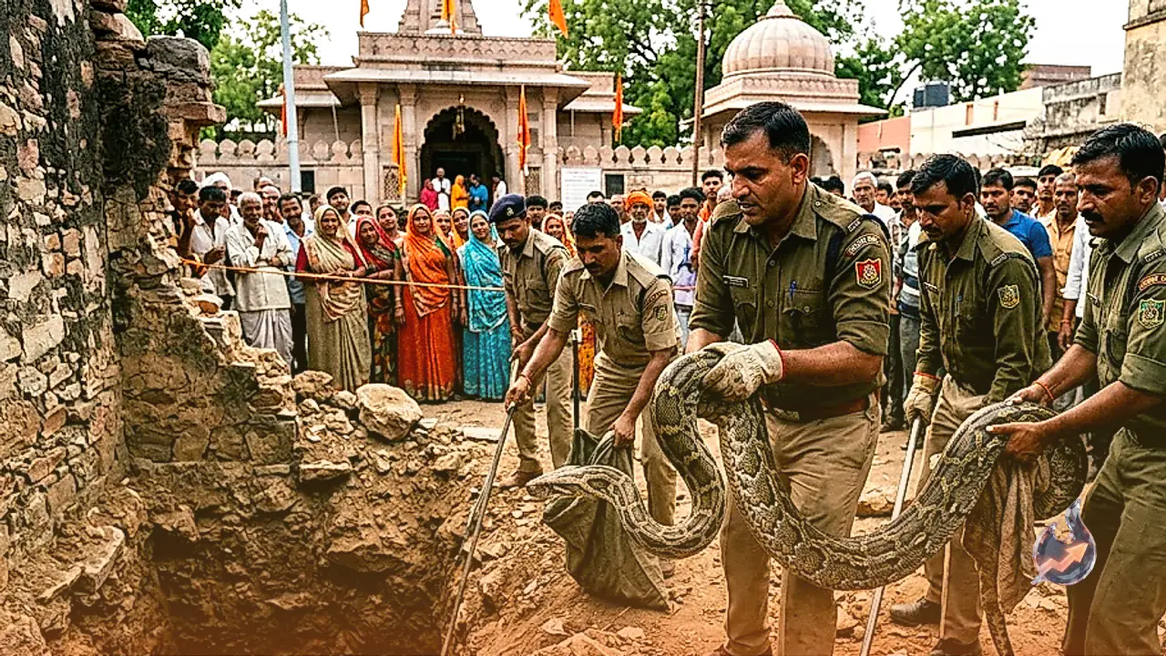 Giant 12-Foot Python Trapped in Pit Near Temple in Bhilwara's Udalias Saved in 2-Hour Rescue Operation