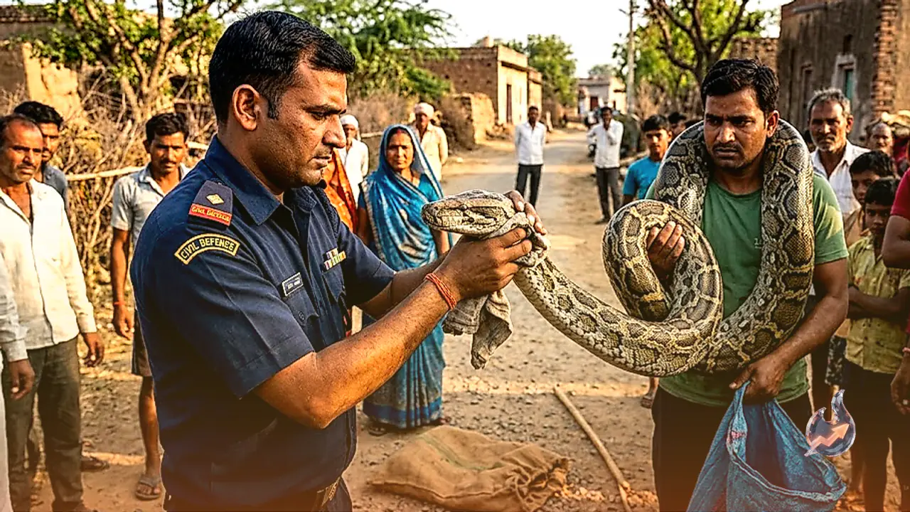 Bhilwara Villagers Panic as 9 Foot Python Turns Up on Village Road, Civil Defence Team Rescues It in Time