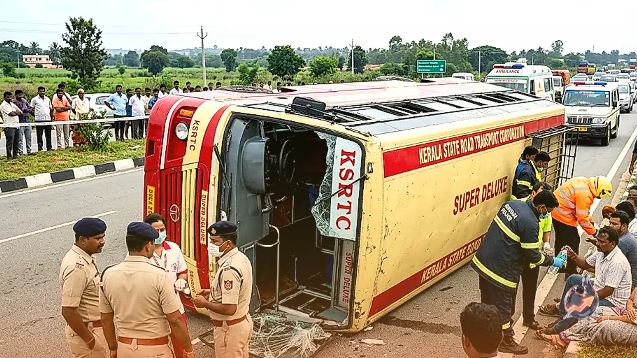 Two Crew Members Killed and 20 Passengers Injured as Kerala Bus Overturns Near Bidadi