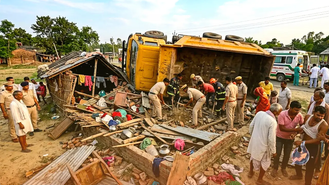Runaway Dumper Truck Flattens Two Roadside Huts In Bihar's Navgachhia, Over A Dozen Injured