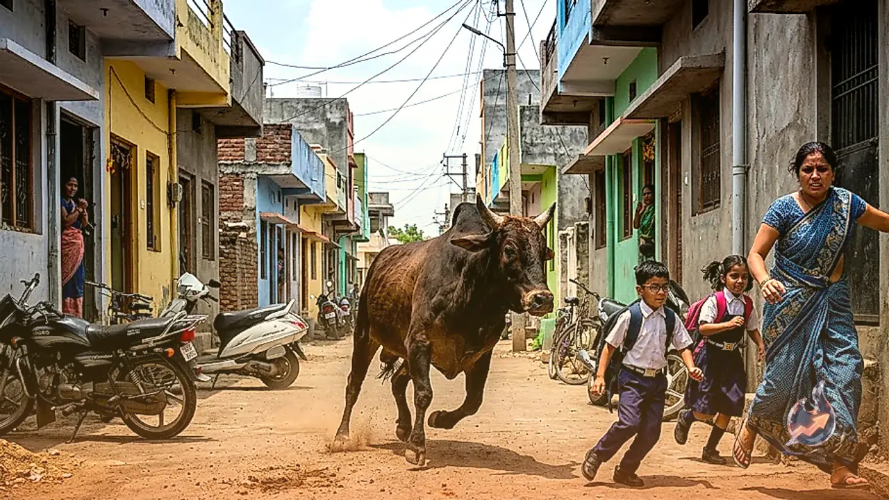 Fighting Bulls Charge Through Mandsaur Colony, Trample Schoolchildren and Woman as CCTV Captures the Chaos