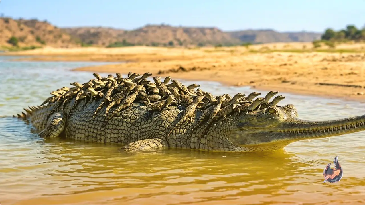 Chambal River witnesses spectacular baby boom as thousands of gharial hatchlings ride on mother back