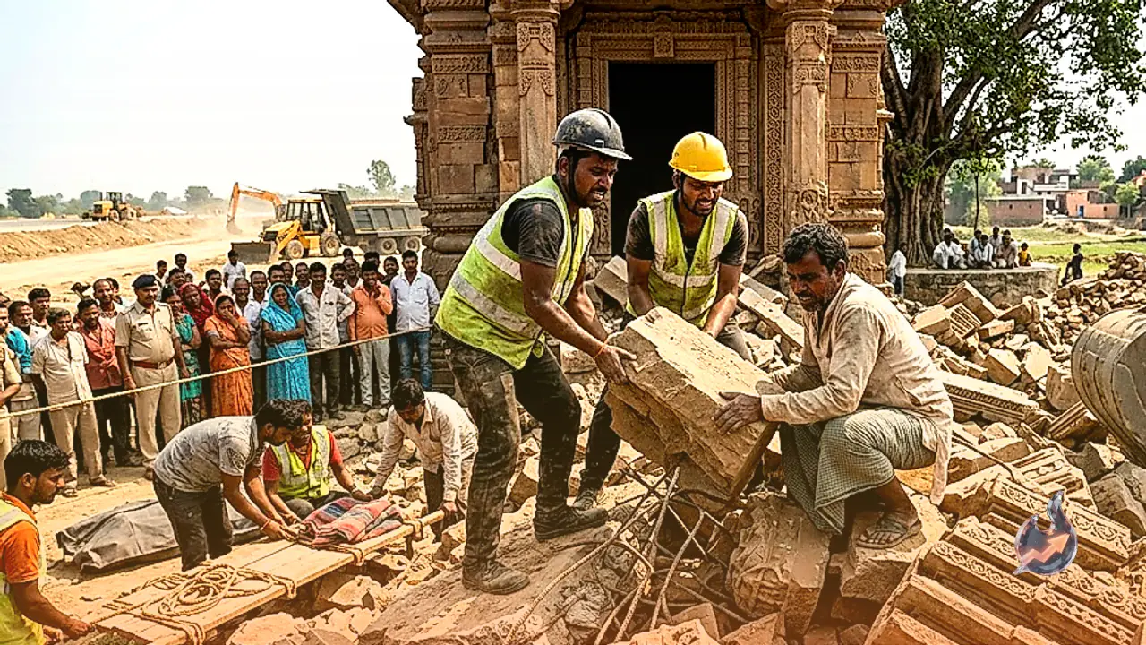 चंदौली में सड़क चौड़ीकरण के दौरान गिरा मंदिर का मलबा, मलबे में दबने से एक मजदूर की गई जान