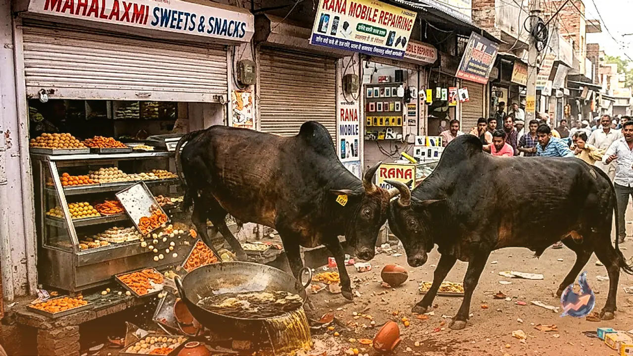 Stray Bulls Clash in Chirawa Market Crashing into Sweet and Mobile Shops as Boiling Oil Spills on Street