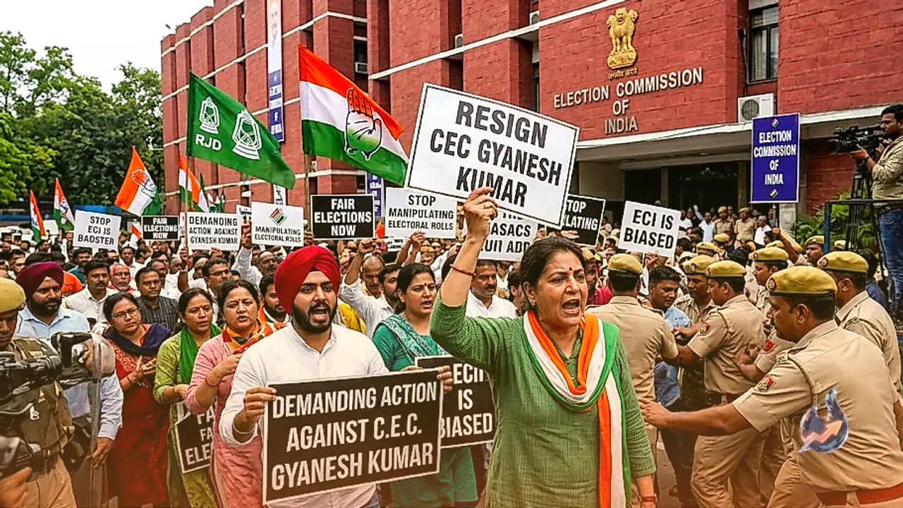 चुनाव आयोग के खिलाफ सड़क पर उतरा विपक्ष, ज्ञानेश कुमार पर गंभीर आरोप लगाते हुए कांग्रेस और राजद का जोरदार प्रदर्शन