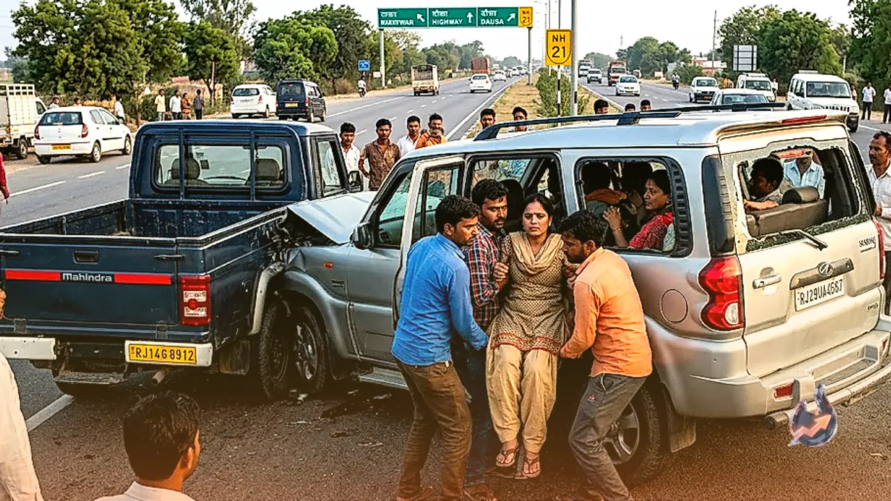SUV Rams Into Parked Pickup on NH 21 in Dausa, Trapped Passengers Rescued by Locals
