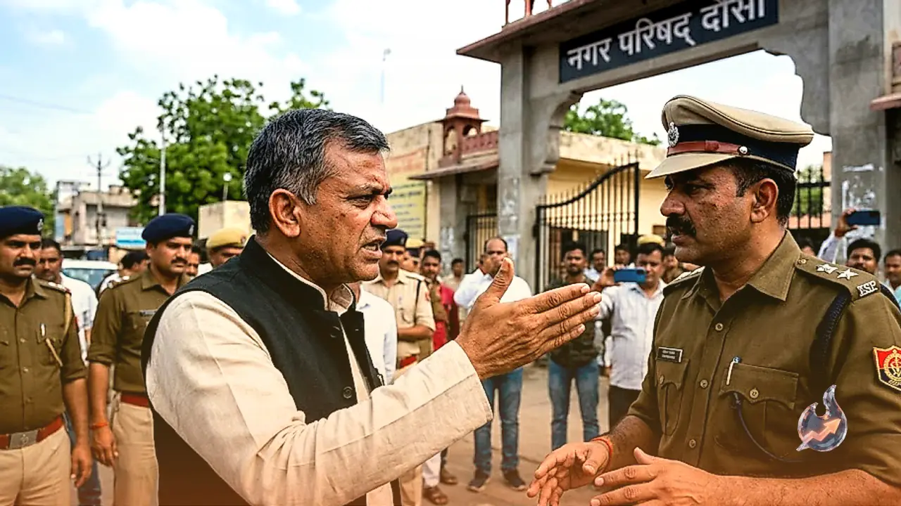 Heated argument breaks out between MLA DC Berwa and police officer outside Dausa municipal council ahead of vice chairman poll