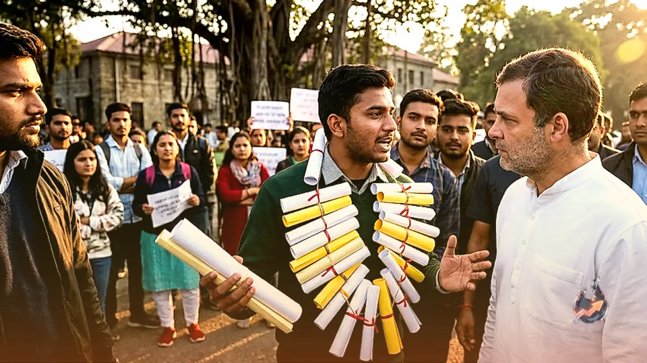 Youth Protest in Dehradun: Student wearing degree garland shares 15-year struggle with Rahul Gandhi