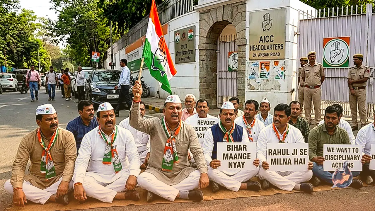 Bihar Congress Leaders Protest Outside AICC Headquarters in Delhi, Demand Meeting With Rahul Gandhi