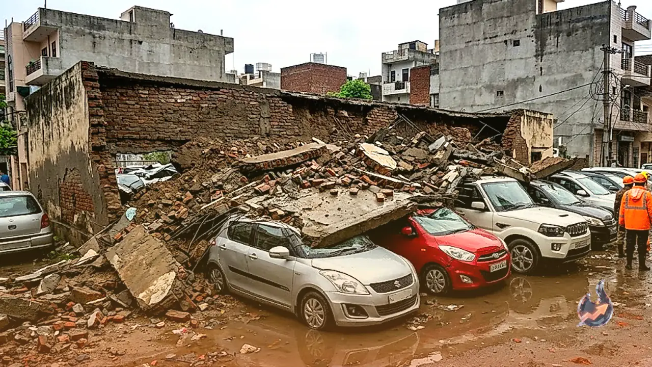 Heavy Rain Triggers Parking Wall Collapse in Delhi's Deoli, Over 10 Cars Damaged in Rubble