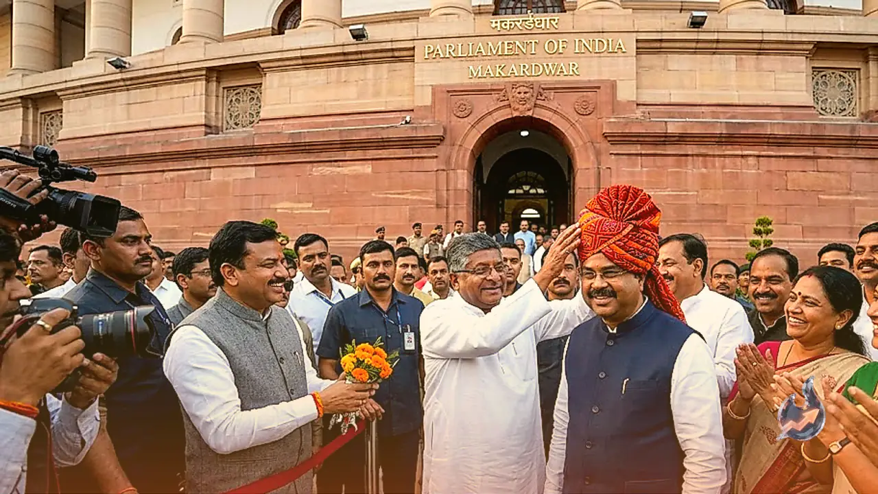 Dharmendra Pradhan Arrives in Parliament After Resigning as Education Minister, Welcomed by NDA MPs with Traditional Paag