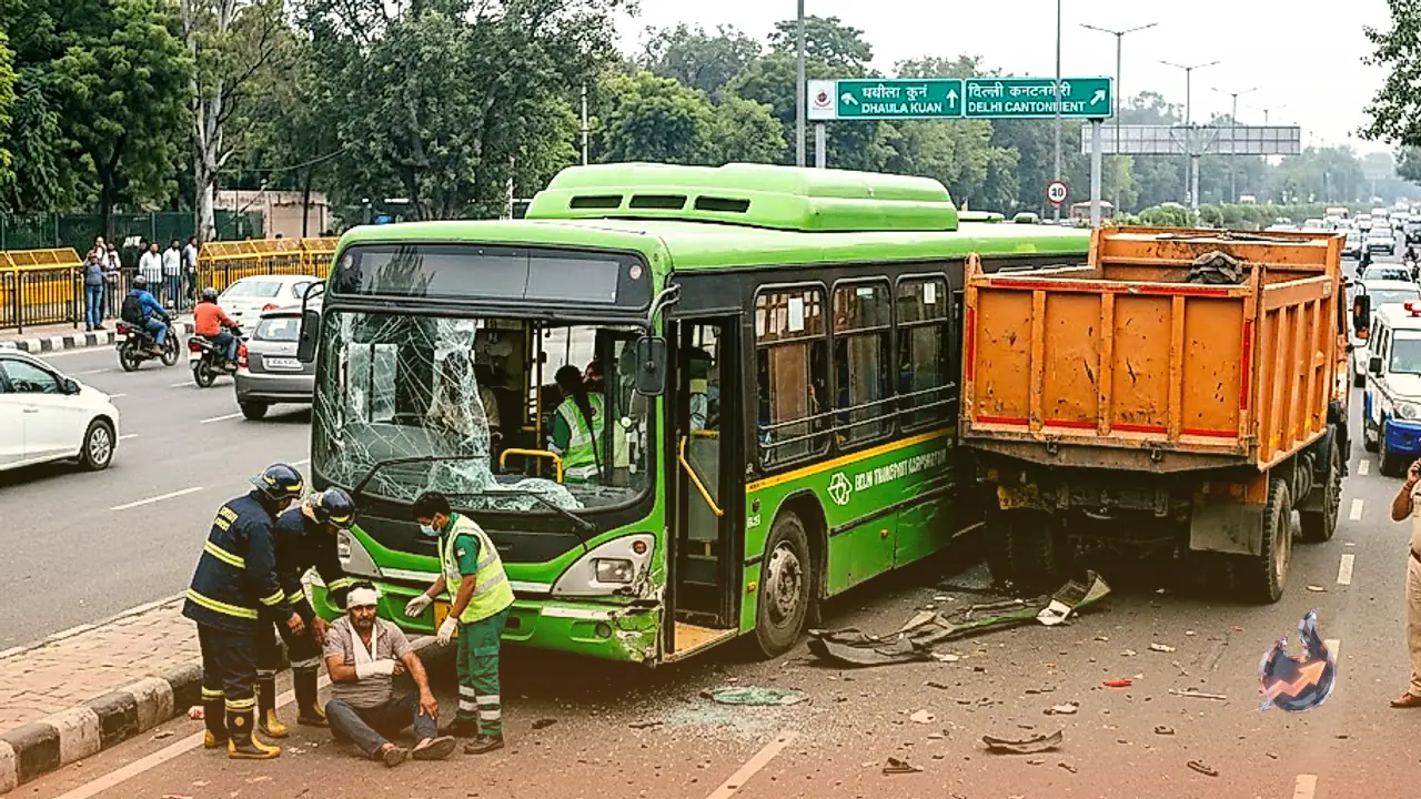 DTC Bus and Dump Truck Collide Near Dhaula Kuan Route Leaving Four Injured