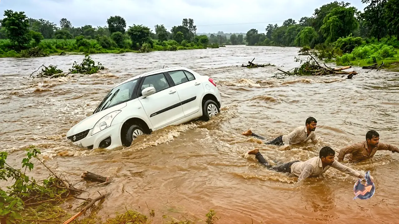 Madhya Pradesh: Car Swept Away in Flooded River at Dindori, Three Men Swim to Safety