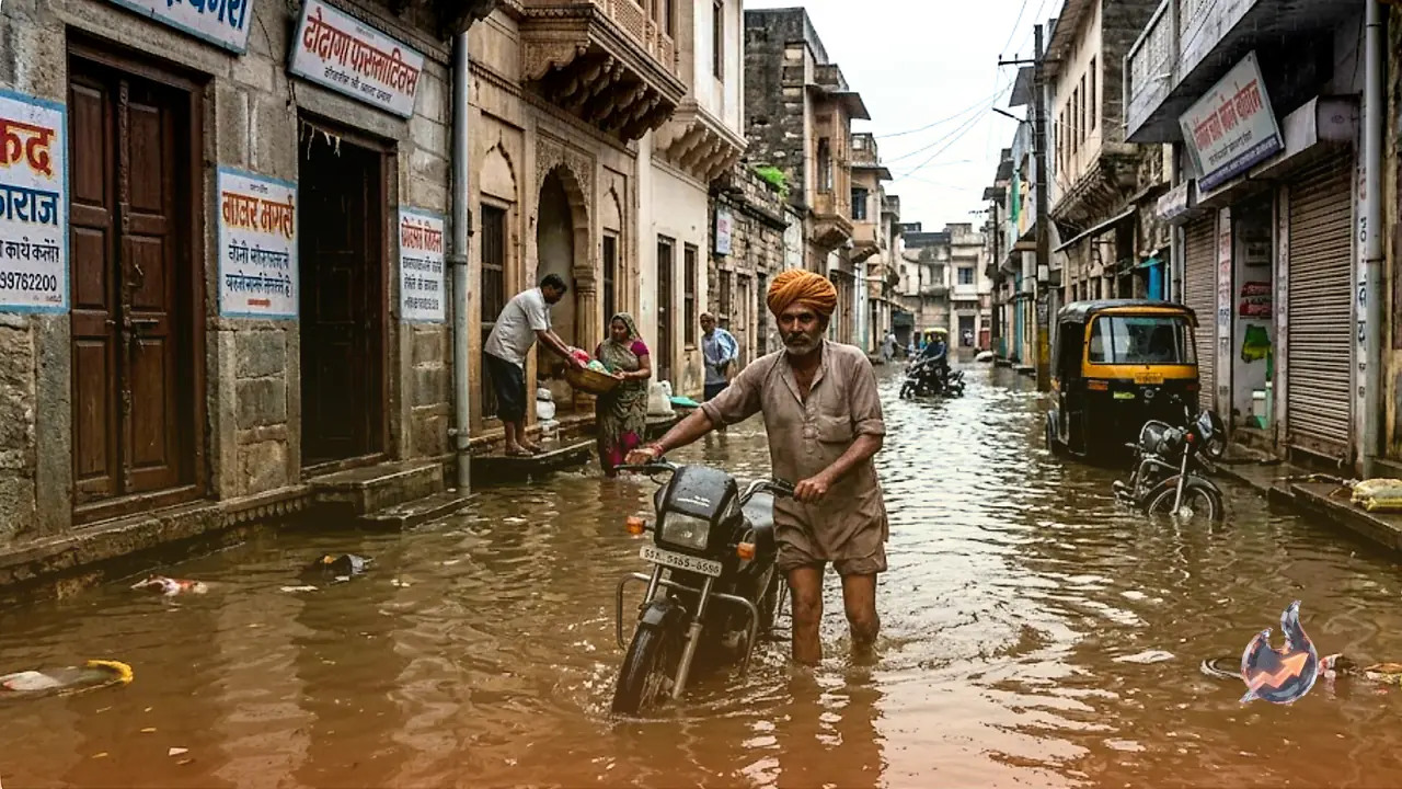 डूंगरपुर में मूसलाधार बारिश का कहर, पुराने शहर की सड़कों पर उतरा 3 फीट पानी