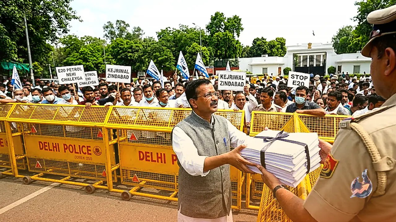 Arvind Kejriwal Leads Protest Against E20 Petrol Policy, Submits 2 Lakh Petitions After March Intercepted Near PM Residence