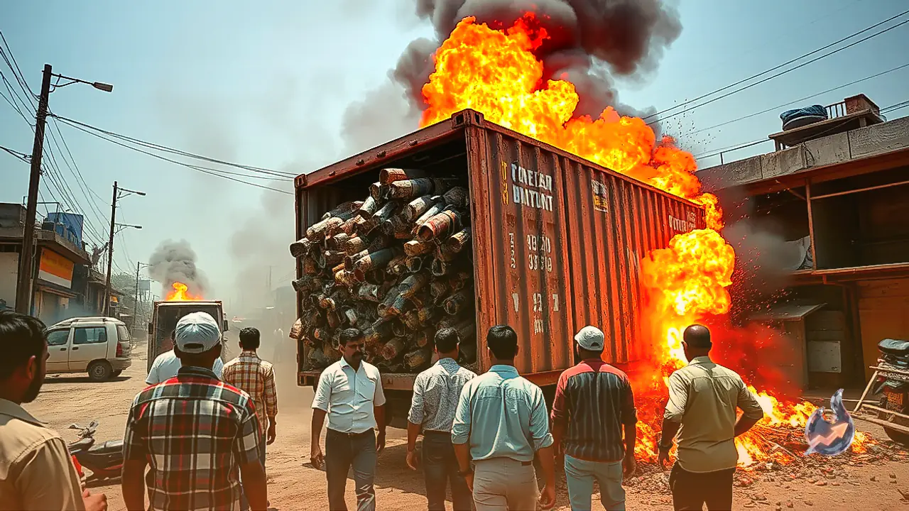 Explosives Container Catches Fire Near Vana in Udaipur, Vehicle Melts Amid Succession of Blasts