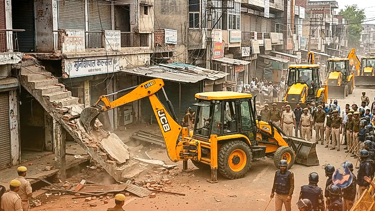 Five Bulldozers Clear Encroachments Across Khairthal Roads Amid Heavy Police Security
