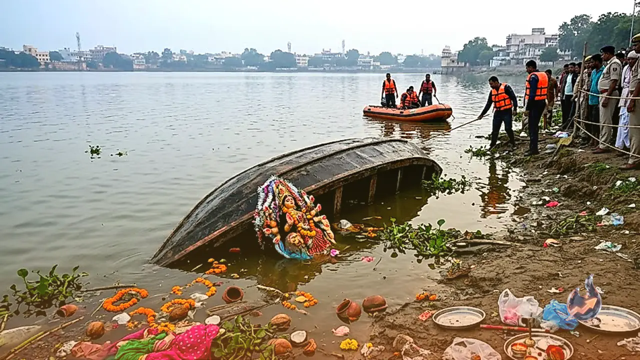 विसर्जन के दौरान कोटा के कोटड़ी तालाब में नाव पलटने से चार लोग गहरे पानी में डूबे, तलाश जारी