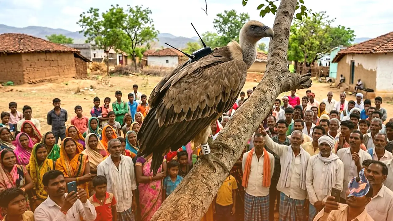 A Vulture Fitted With a GPS Device Draws Crowds in Madhya Pradesh's Dindori Villages