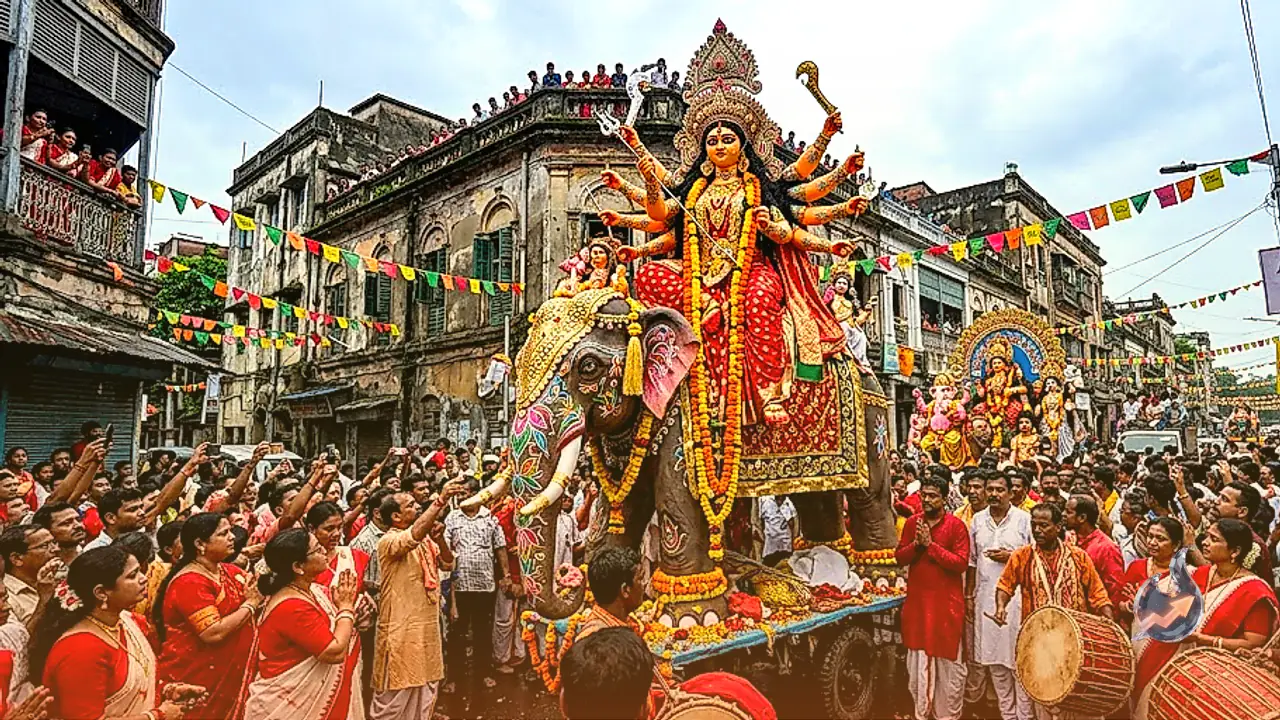 Goddess Durga Arrives on Elephant Bringing Signs of Bountiful Rains and Prosperity Across Nations
