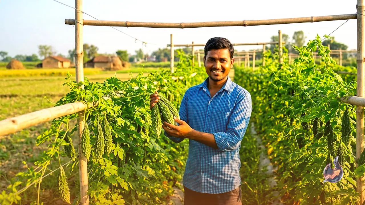Graduate Farmer in Gonda Earns Rs 60,000 in 60 Days with Trellis-Grown Bitter Gourd on Minimal Investment