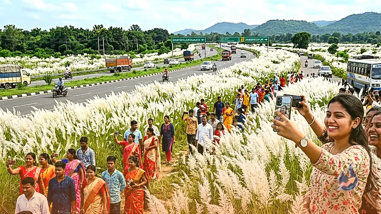 गोविंदपुर हाईवे पर खिले काश के फूलों ने खींचा पर्यटकों का ध्यान, दुर्गा पूजा की आहट लेकर आया सफेद नजारा