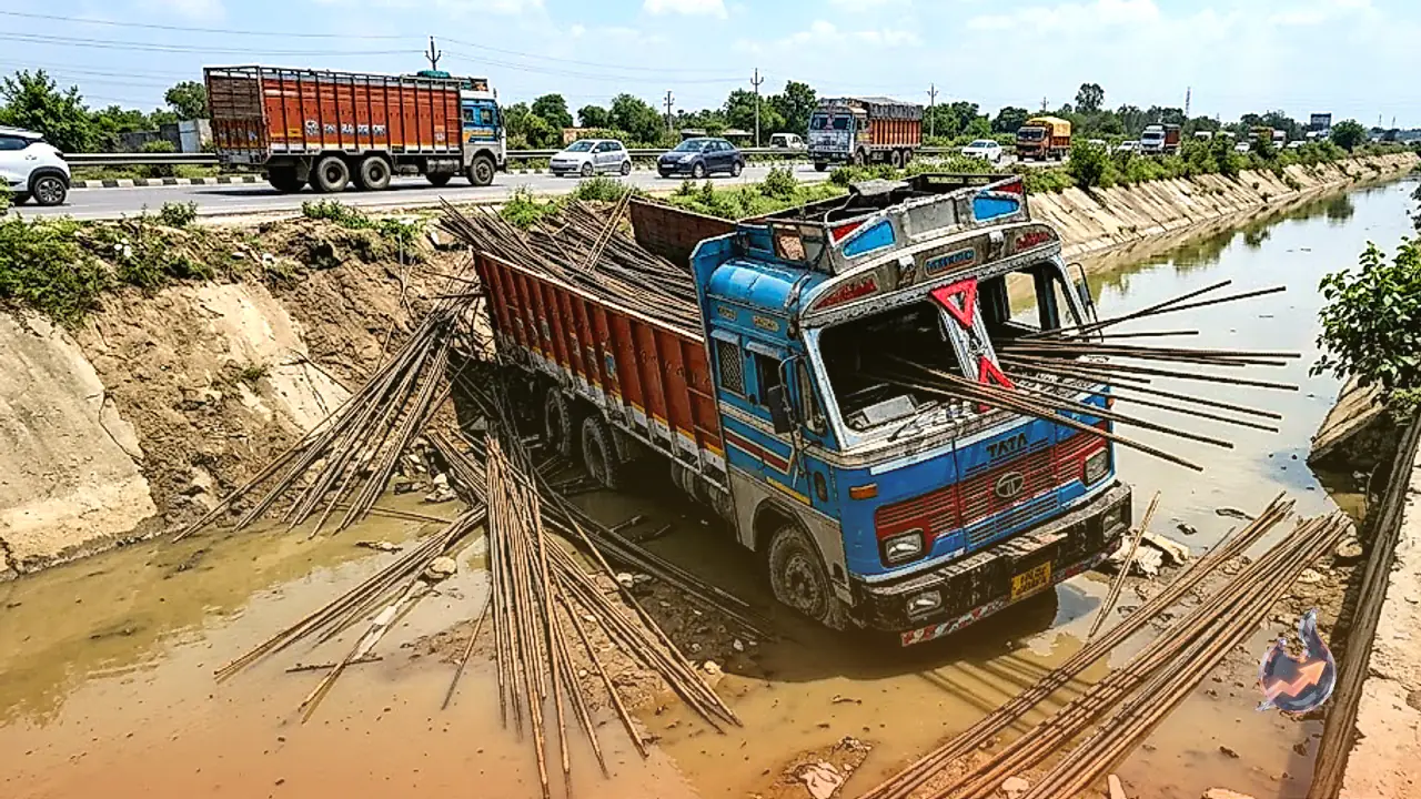 Truck Loaded With Iron Rods Plunges Into Drain in Greater Noida, Driver Impaled and Killed