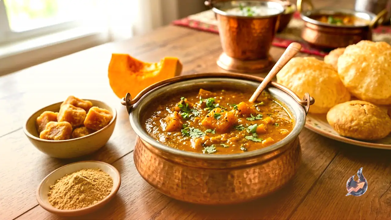 This jaggery and dry mango powder twist turns humble pumpkin into a festive favourite