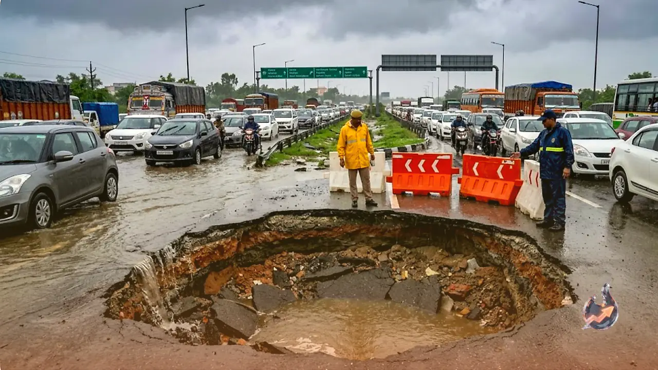 Delhi-Jaipur Highway Caves In As First Monsoon Downpour Floods Gurugram, Trapping Commuters For Hours