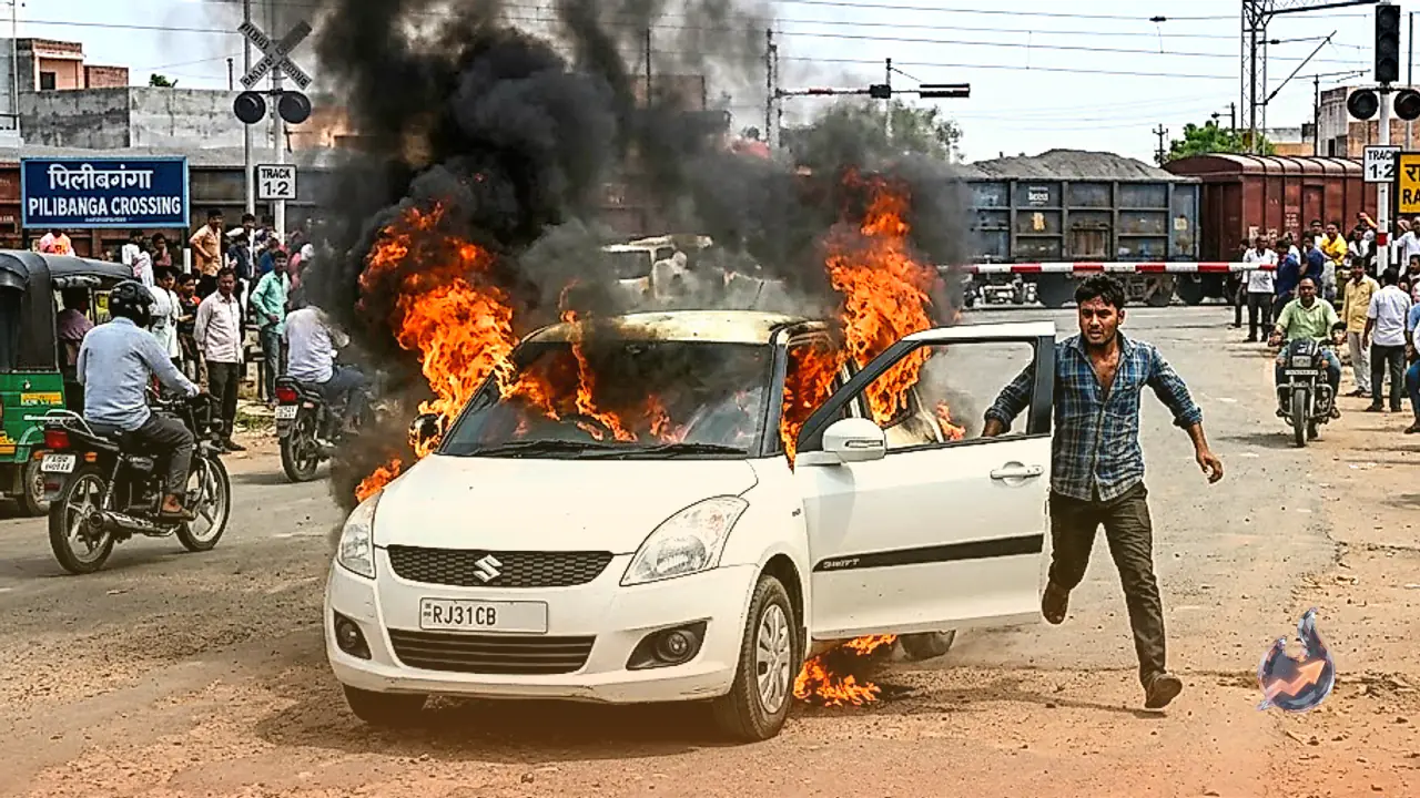 Driver Leaps to Safety as Moving Car Ignites Near Hanumangarh Railway Crossing