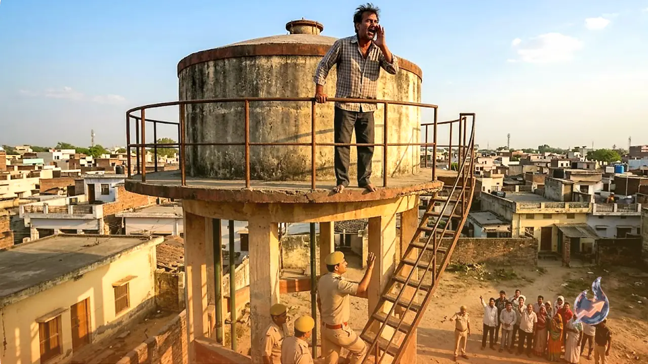 Showle-Style Drama in Hardoi: Drunken Husband Climbs Water Tank Demanding Wife's Return