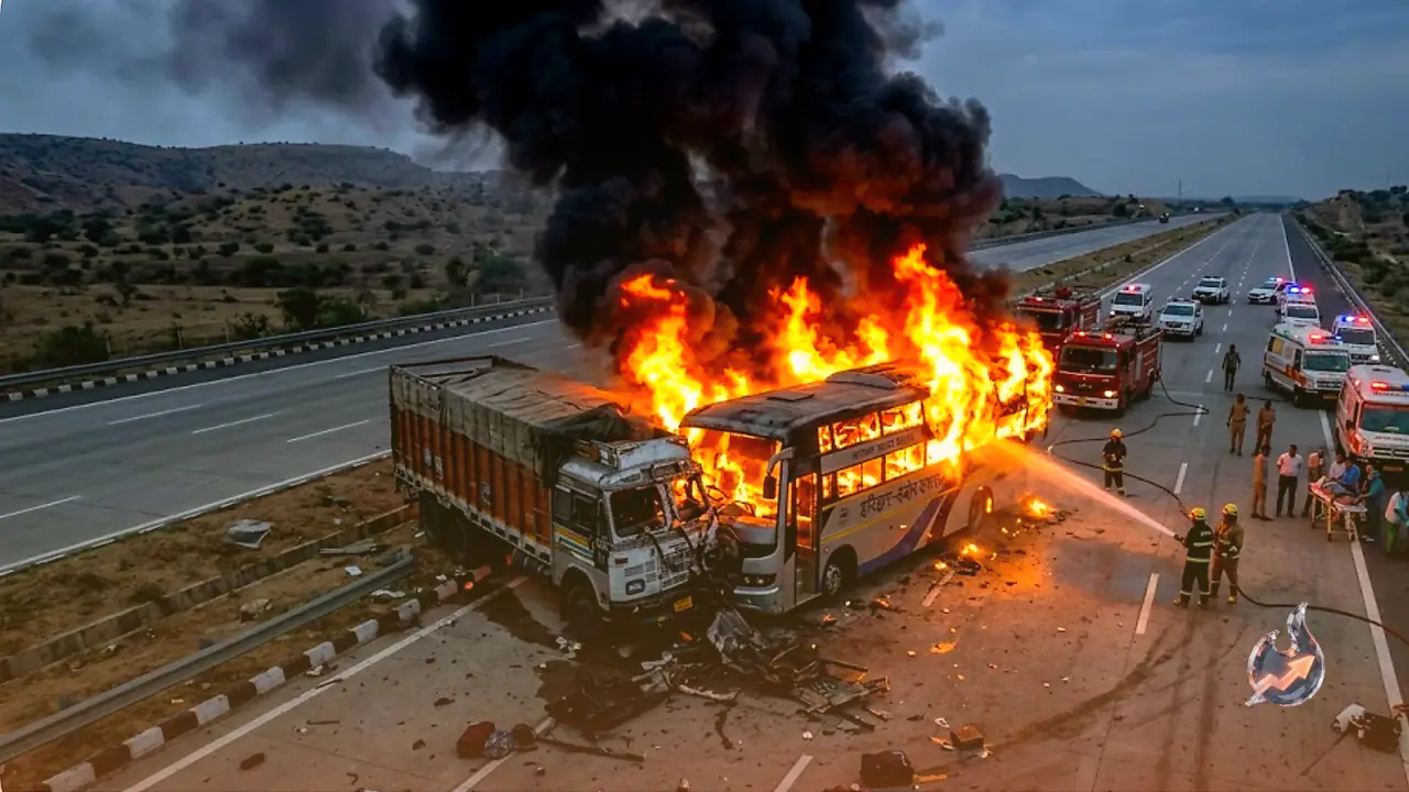 Bus Bursts Into Flames After Truck Crash on Delhi-Mumbai Expressway, Six Killed and Seventeen Injured Near Dausa
