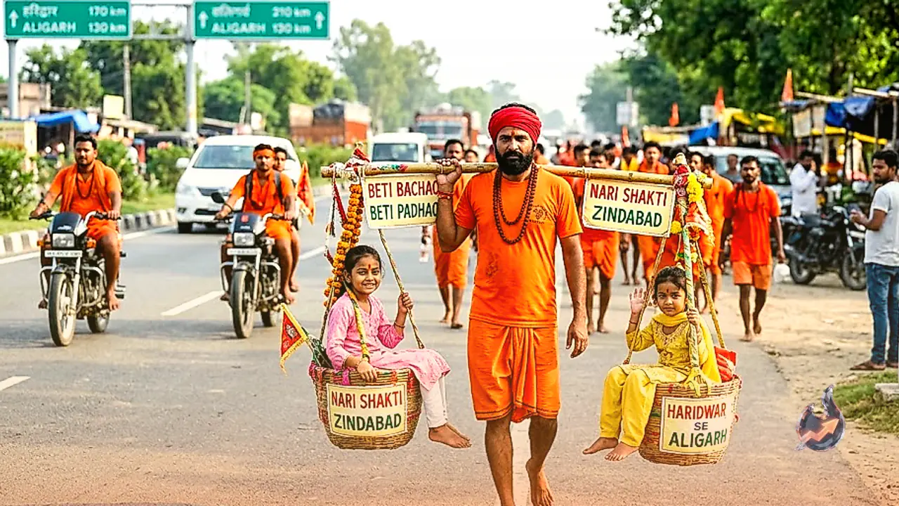 Aligarh Devotee Carries Daughter and Niece in Kanwar Baskets from Haridwar to Promote Girls' Empowerment
