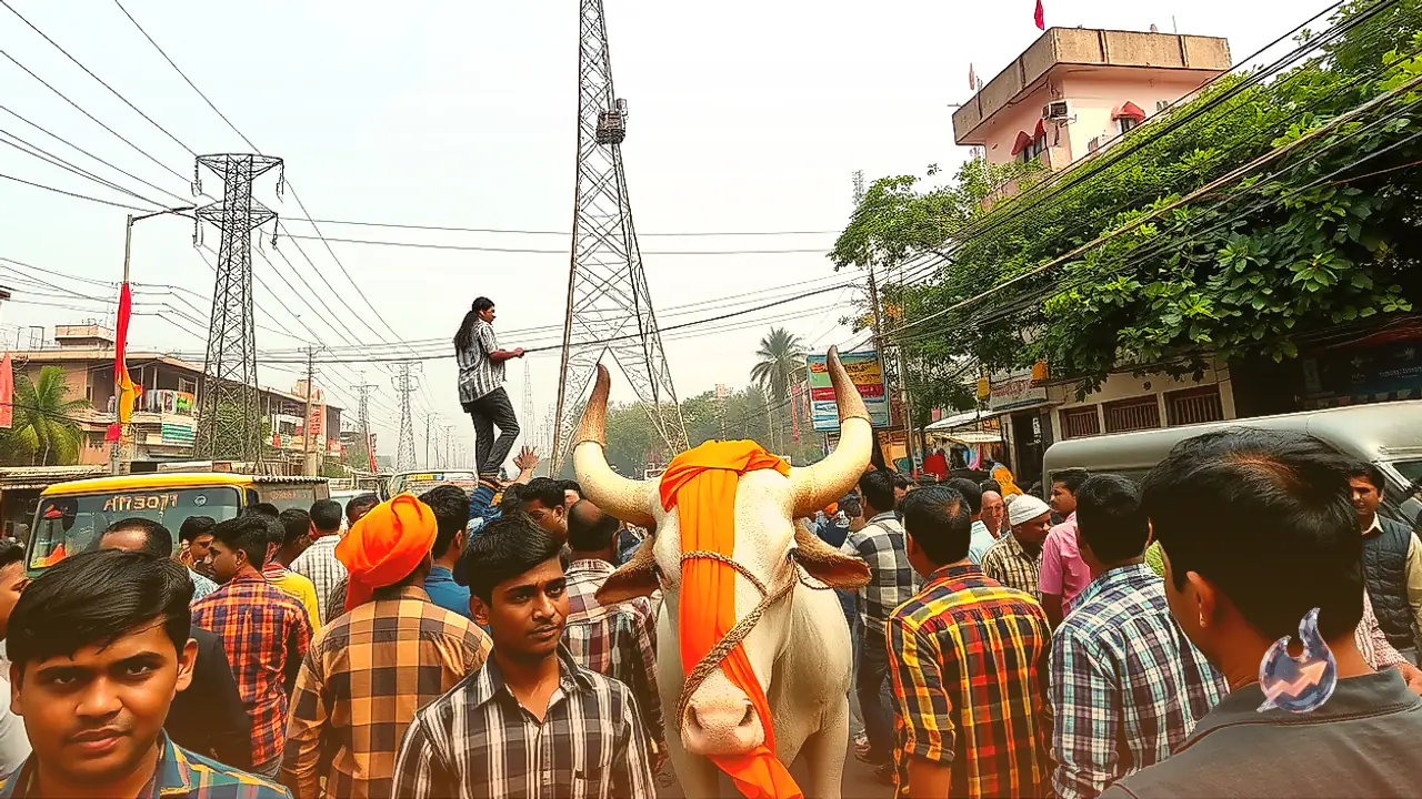 वडोदरा के फतेहगंज में हंगामा, सेफ्रॉन टावर के पास बुल सर्कल पर चढ़ा एक अज्ञात युवक