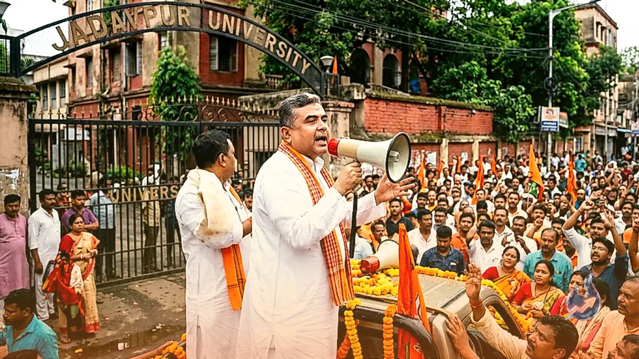 जादवपुर विश्वविद्यालय के बाहर शुभेंदु अधिकारी की बड़ी रैली, परिसर के द्वार बंद होने पर देशविरोधी ताकतों को उखाड़ फेंकने का दिया संकल्प