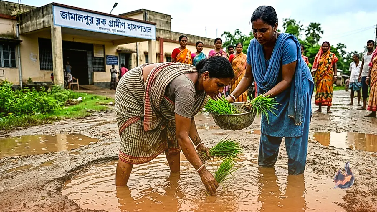 In West Bengal, women plant paddy in potholes to protest a hospital road left in ruins