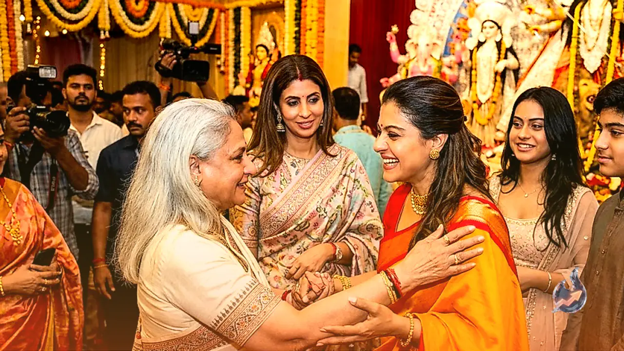 Jaya Bachchan Warmly Greets Kajol at North Bombay Durga Puja Alongside Shweta and Family