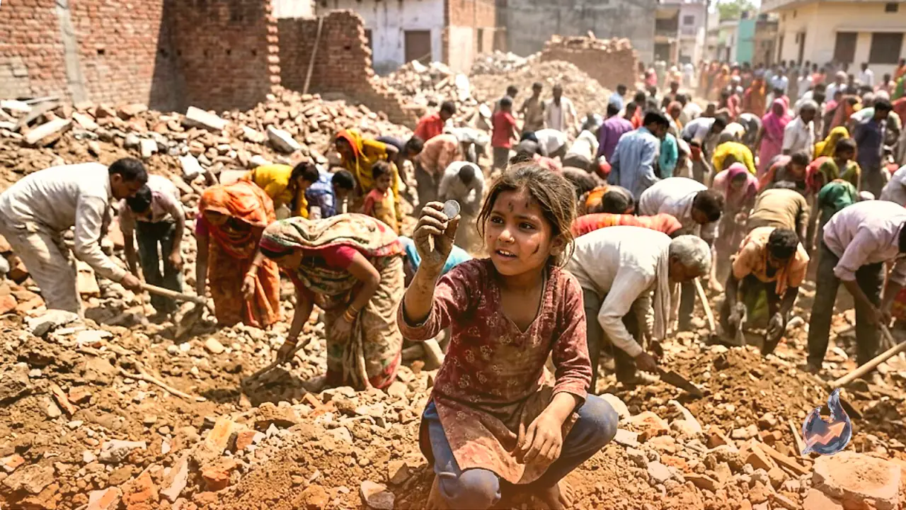 A girl playing in demolition debris in Jhansi's Chirgaon finds a silver coin, and hundreds join the hunt