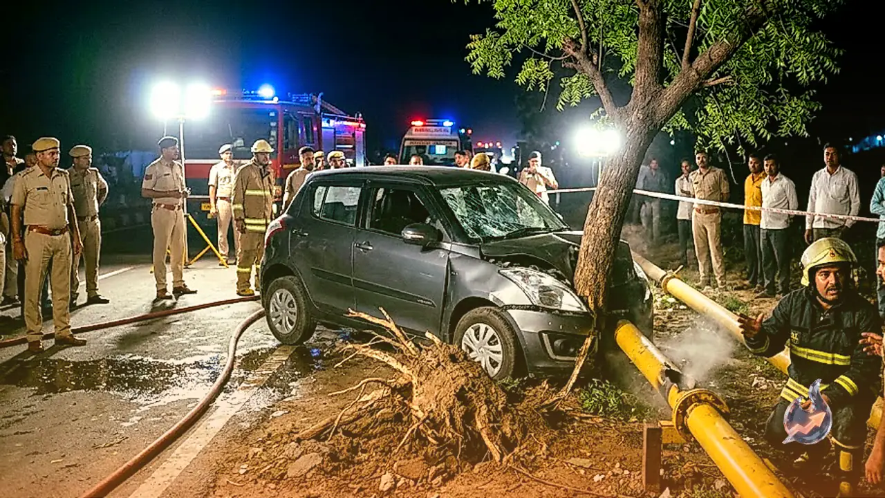 झांसी की आवास विकास कॉलोनी में पेड़ उखाड़ते हुए एलपीजी पाइपलाइन से टकराई तेज कार, रिसाव से मचा हड़कंप