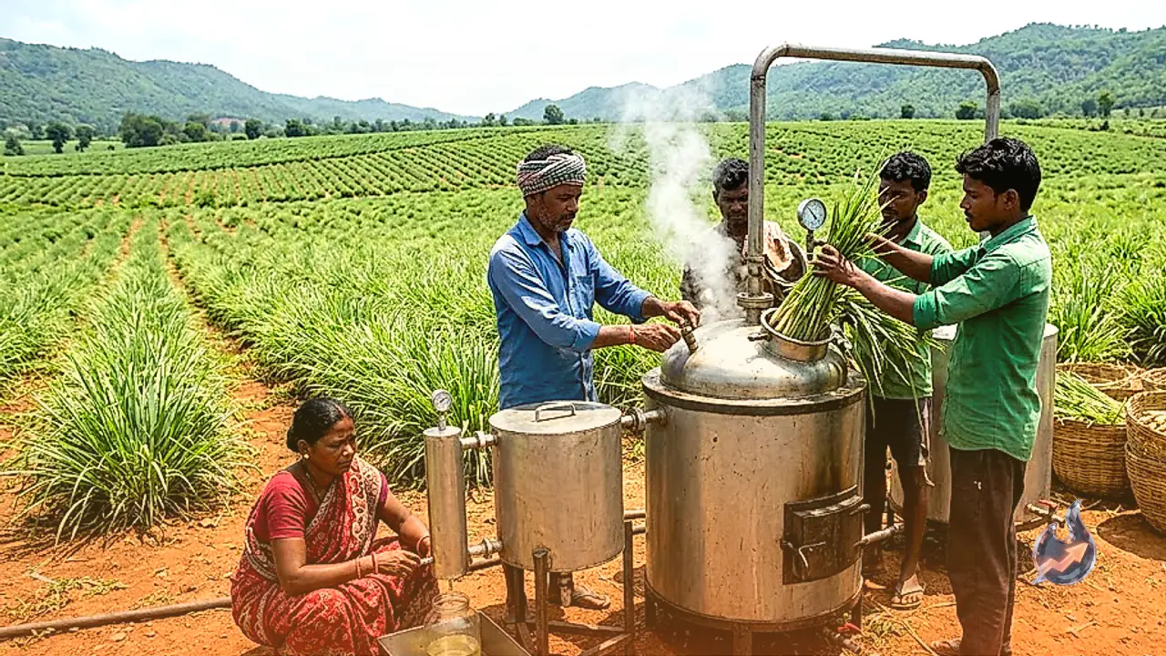 झारखंड के किसान भाप से निकाल रहे एसेंशियल ऑयल, गुनी गांव में 120 एकड़ लेमन ग्रास फसल के बीच लगा प्रोसेसिंग प्लांट